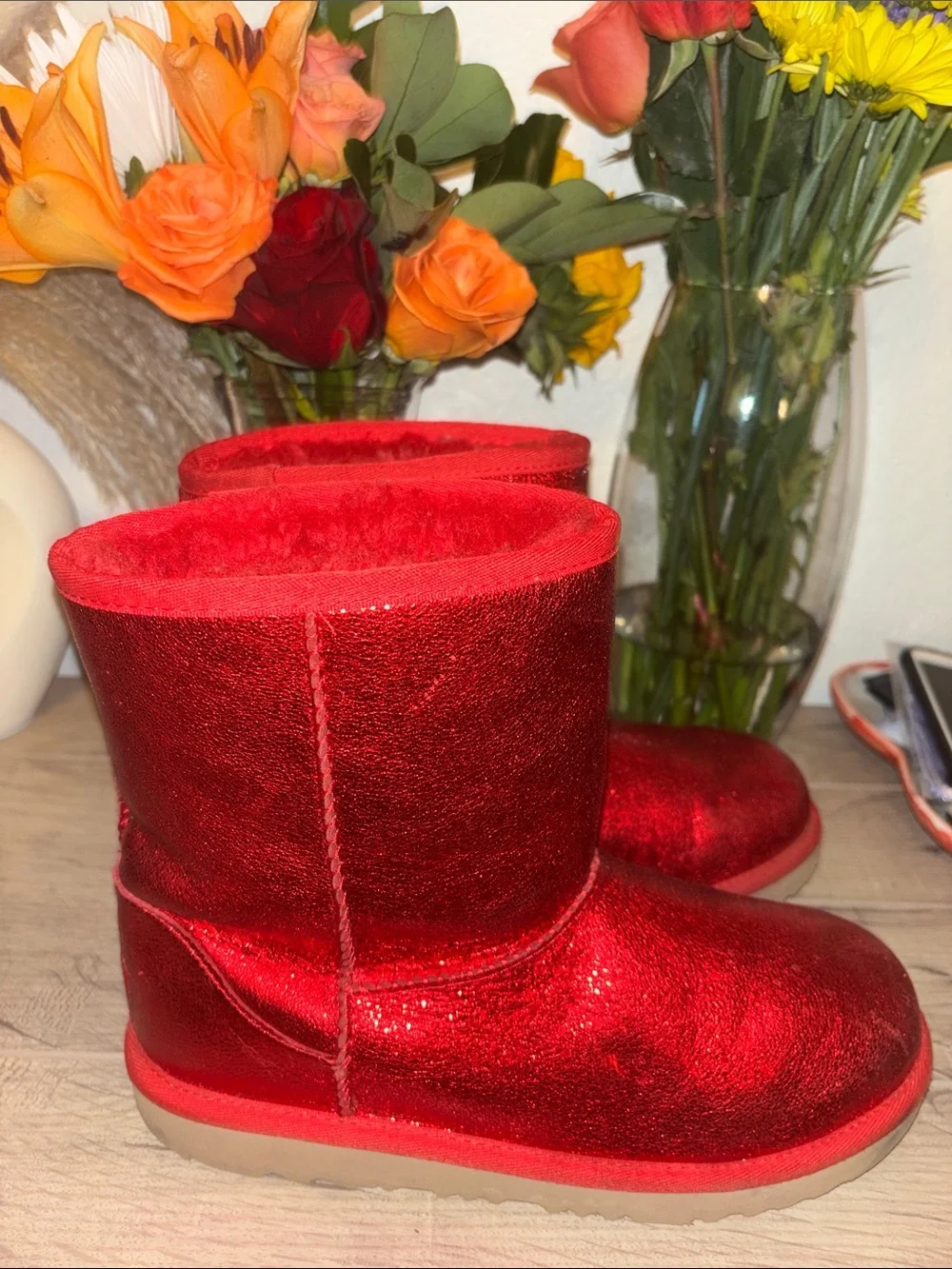 UGG Kids Shiny Red Faux-Fur Lined Boots